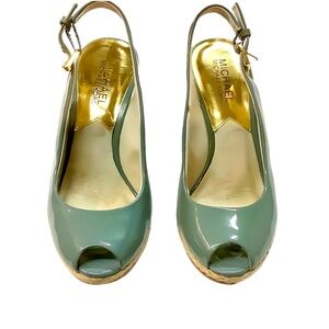 Michael Kors Green Patent Leather Peep Toe Wedge Shoes Sandals Size 6